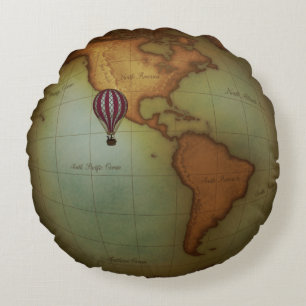 Steampunk World Map with Airship & Hot Air Balloon Round Pillow