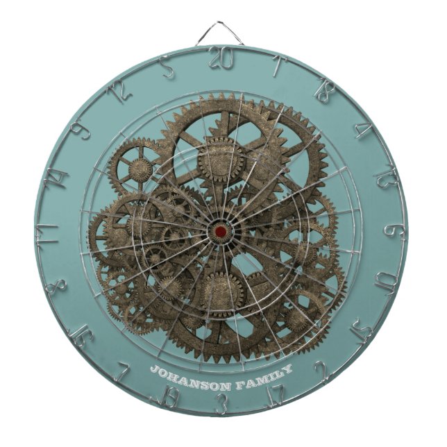 Steampunk Worn Gears Blue 19th Century Machine Dartboard (Front)
