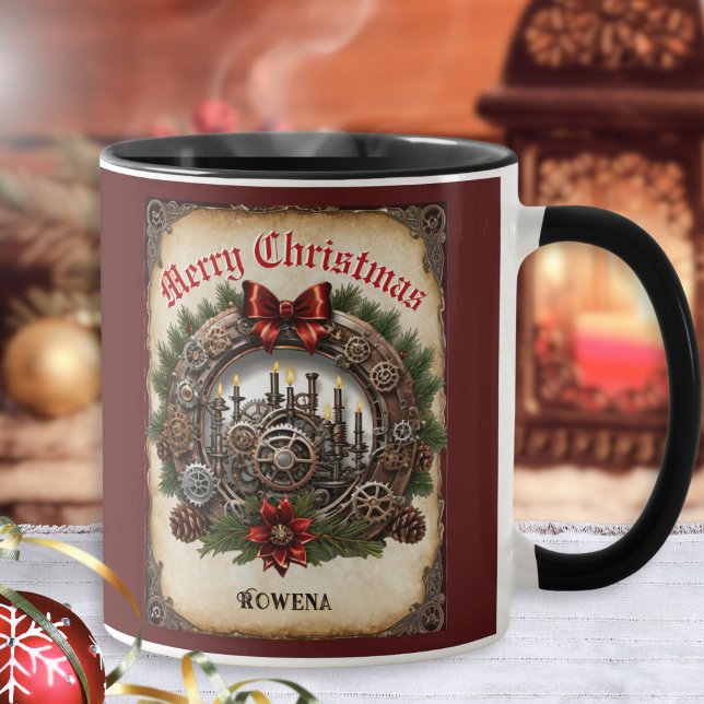 Steampunk Wreath Cogs Gears Christmas Personalized Mug (A personalized Christmas mug in Steampunk style, combining cogs and gears with a traditional wreath)