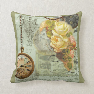 Steampunk & Yellow Roses Throw Pillow