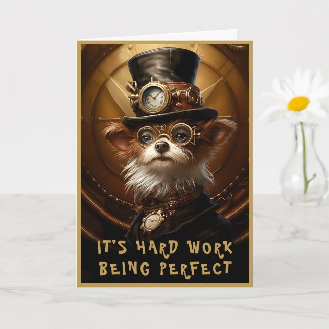 Steampunk Yorkie Dog Custom Name Greeting 110 Note Card (Small Plant)