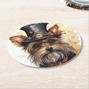 Steampunk Yorkshire Terrier Dog Round Paper Coaster