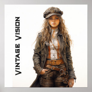 Steampunk Young Woman Retro Poster