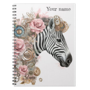 Steampunk zebra with pink flowers notebook