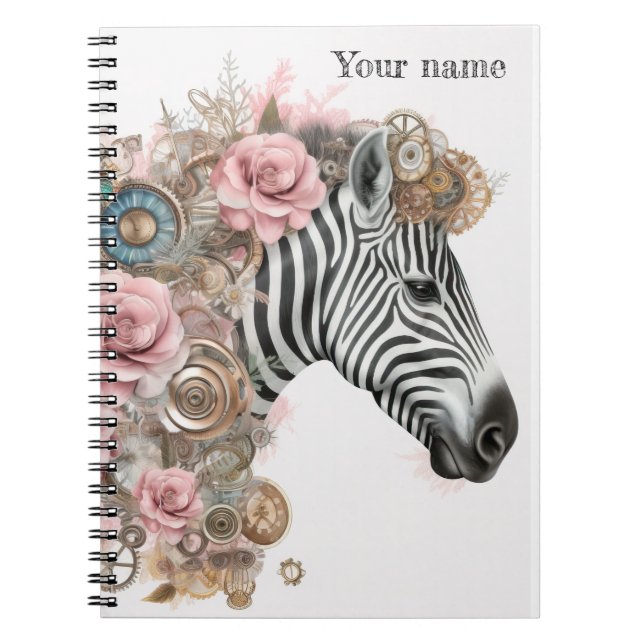 Steampunk zebra with pink flowers  notebook (Front)