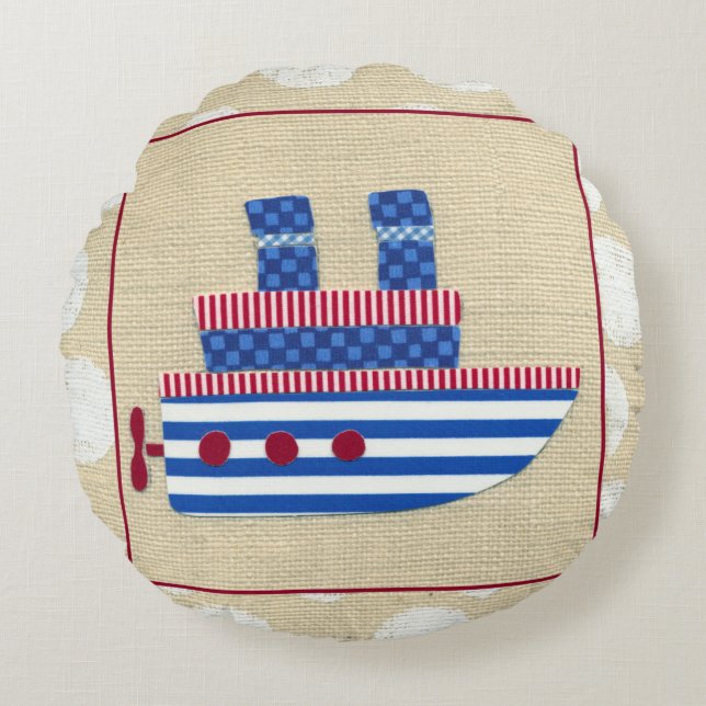 Steamship with Propeller and Blue Smokestacks Round Pillow (Front)