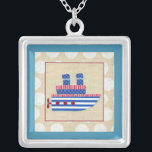 Steamship with Propeller and Blue Smokestacks Silver Plated Necklace<br><div class="desc">All aboard! Chariklia Zarris created this whimsical steamboat,  complete with a propeller and blue smokestacks. If only this were big enough to take a cruise on. Order a copy and put it in your home,  or give it as a gift to someone expecting a child!</div>