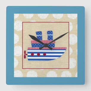 Steamship with Propeller and Blue Smokestacks Square Wall Clock