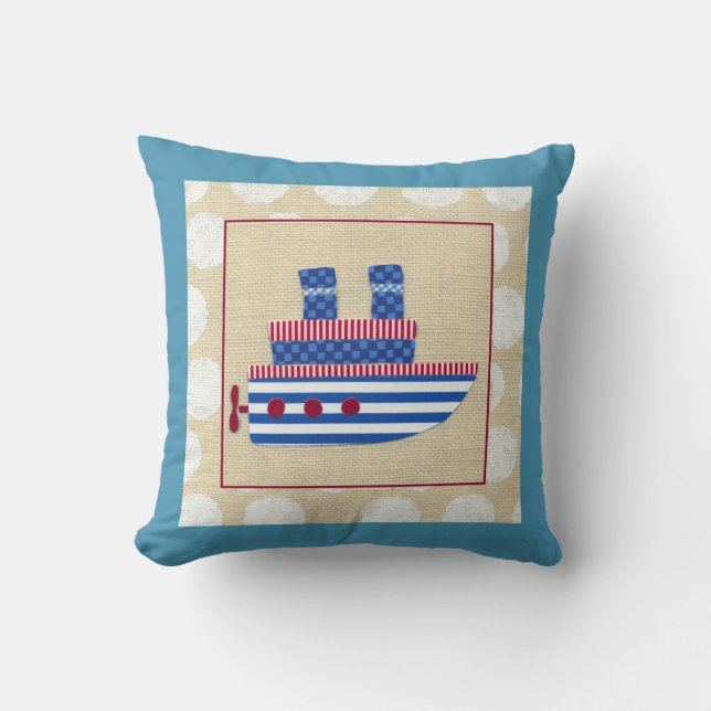 Steamship with Propeller and Blue Smokestacks Throw Pillow (Front)