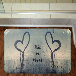 Steamy Hearts His and Hers Beige Blue Grey Bath Mat