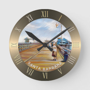 Stearns Wharf Pastel Drawing   Santa Barbara, CA Round Clock
