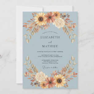 Steel Azure Sunflower Eucalyptus Wedding Invitation