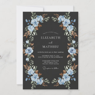 Steel Blue Botanical Watercolor Wedding Invitation