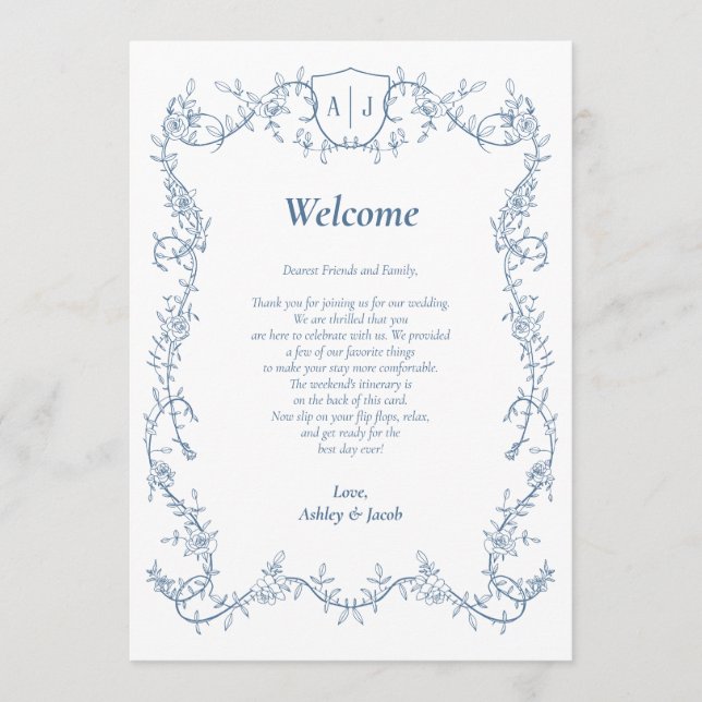 Steel Blue Botanical Wedding Letter and Itinerary Program (Front)