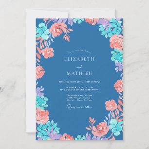 Steel Blue Coral Floral Watercolor Wedding Invitation