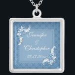 Steel Blue Damask and Floral Frame Wedding Silver Plated Necklace<br><div class="desc">A vintage style design for your upcoming nuptials featuring a subtle damask pattern on a steel blue background. The text is surrounded by a rectangular frame with a floral swirl in two of the corners with a raised printed effect. The text is fully customizable for your own special occasion. The...</div>