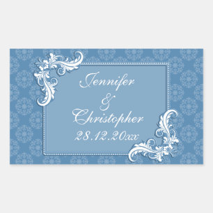 Steel Blue Damask and Floral Frame Wedding Sticker