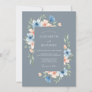 Steel Blue Delicate Floral Wedding Invitation