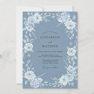 Steel Blue Elegant Floral Wedding Invitation