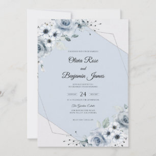 Steel Blue Flower Eucalyptus Wedding Invitation