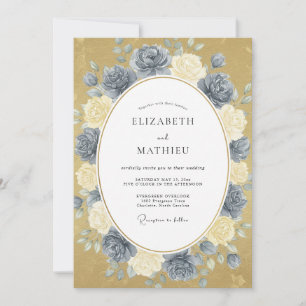 Steel Blue Gold Peony Wedding Invitation