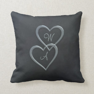 Steel blue hearts on grey throw pillow