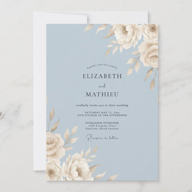 Steel Blue Ivory Leaf Wedding Invitation (Front)
