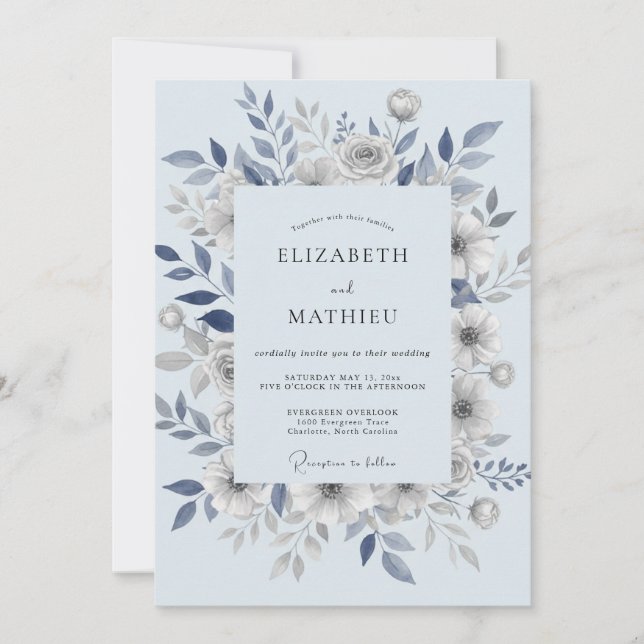 Steel Blue Leafy Wedding Invitation (Front)