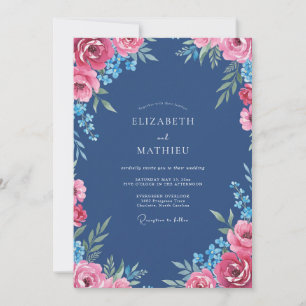 Steel Blue Magenta Dahlia Wedding Invitation