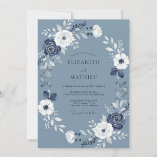 Steel Blue Navy Watercolor Floral Wedding Invitation