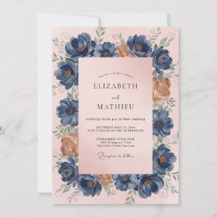 Steel Blue Peach Petal Wedding Invitation