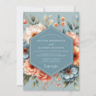Steel Blue Peach Romantic Wedding Invitation