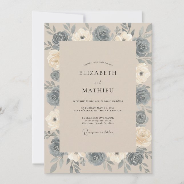 Steel Blue Peony Wedding Invitation (Front)