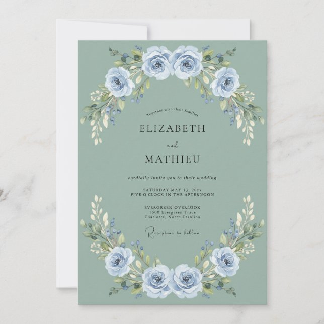 Steel Blue Soft Rose Wedding Invitation (Front)