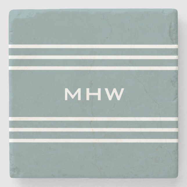 Steel Blue Stripes custom monogram stone coaster (Front)