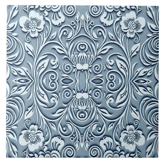 Steel Blue Symmetrical Embossed Floral Design  Tile (Front)