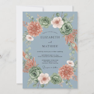 Steel Blue Terracotta Botanical Wedding Invitation