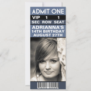 Steel Blue VIP Photo Ticket Birthday Party Invitation