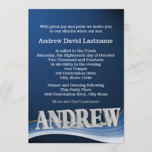 Steel Blue Wave Name Bar Mitzvah Invitation