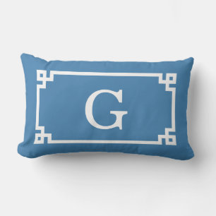 Steel Blue Wht Greek Key Frame #2 Initial Monogram Lumbar Pillow
