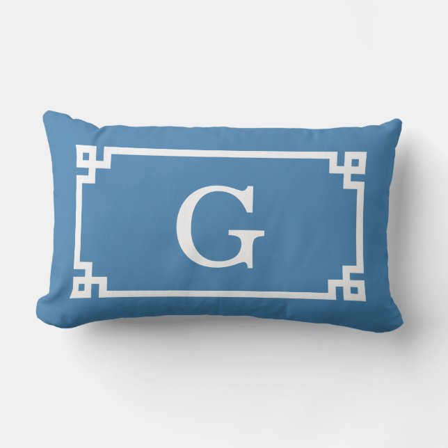 Steel Blue Wht Greek Key Frame #2 Initial Monogram Lumbar Pillow (Front)