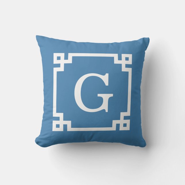 Steel Blue Wht Greek Key Frame #2 Initial Monogram Throw Pillow (Front)