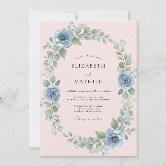 Steel Blush Wreath Wedding Invitation (Front)