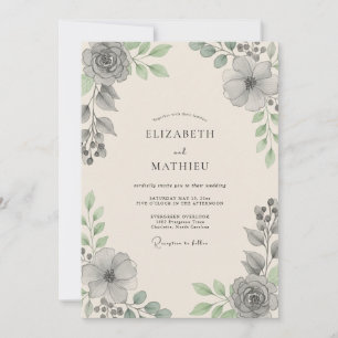 Steel Charcoal Leafy Wedding Invitation