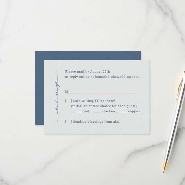 Steel & Dusty Blue | Hand Lettered Script Wedding RSVP Card (Front/Back In Situ)