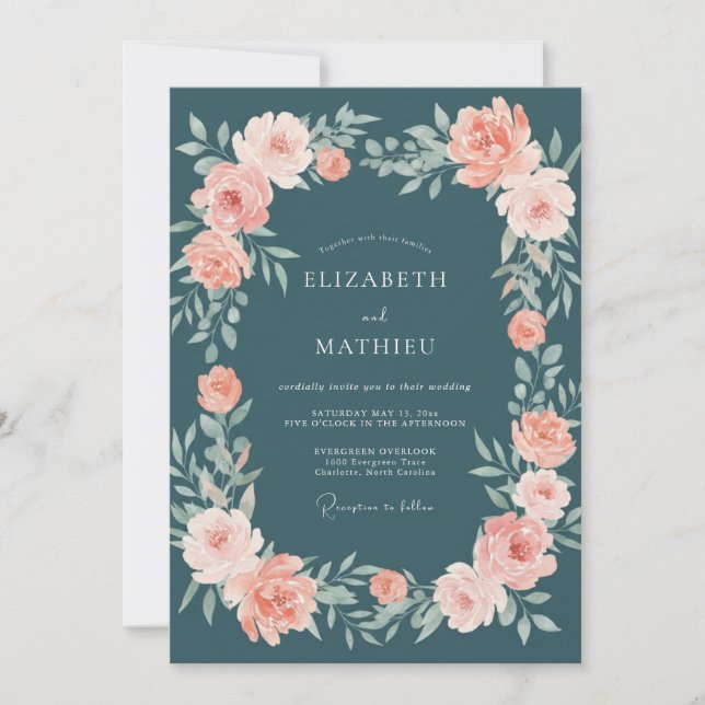 Steel Dusty Peach Leafy Wedding Invitation (Front)