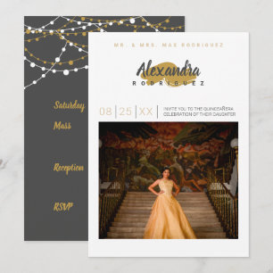 Steel Grey & Gold Photo Quinceanera Invitation