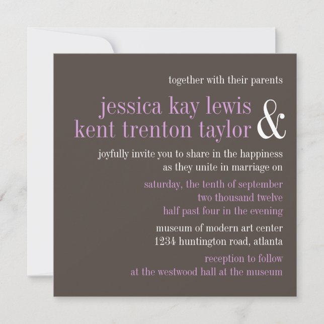 Steel grey lilac typography modern couple wedding invitation (Front)