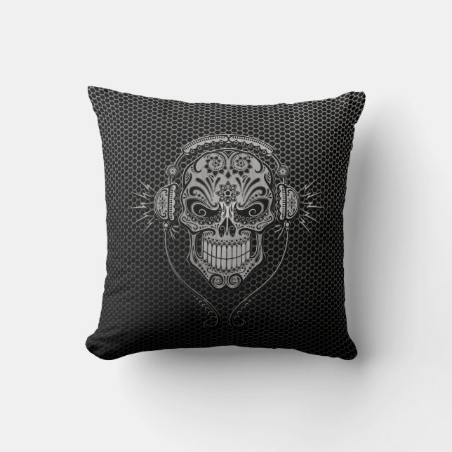 Steel Mesh DJ Sugar Skull Throw Pillow (Front)