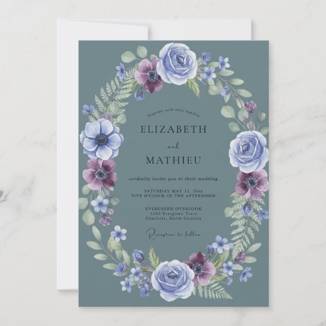Steel Periwinkle Painted Bloom Wedding Invitation (Front)